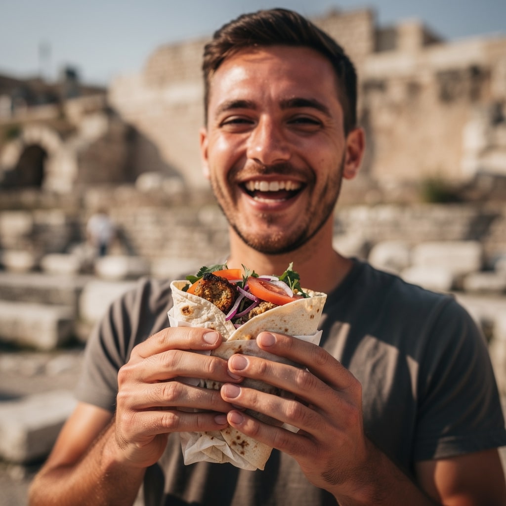 A smiling person holding a wrap with tomatoes, onions, and meat in front of ancient ruins.