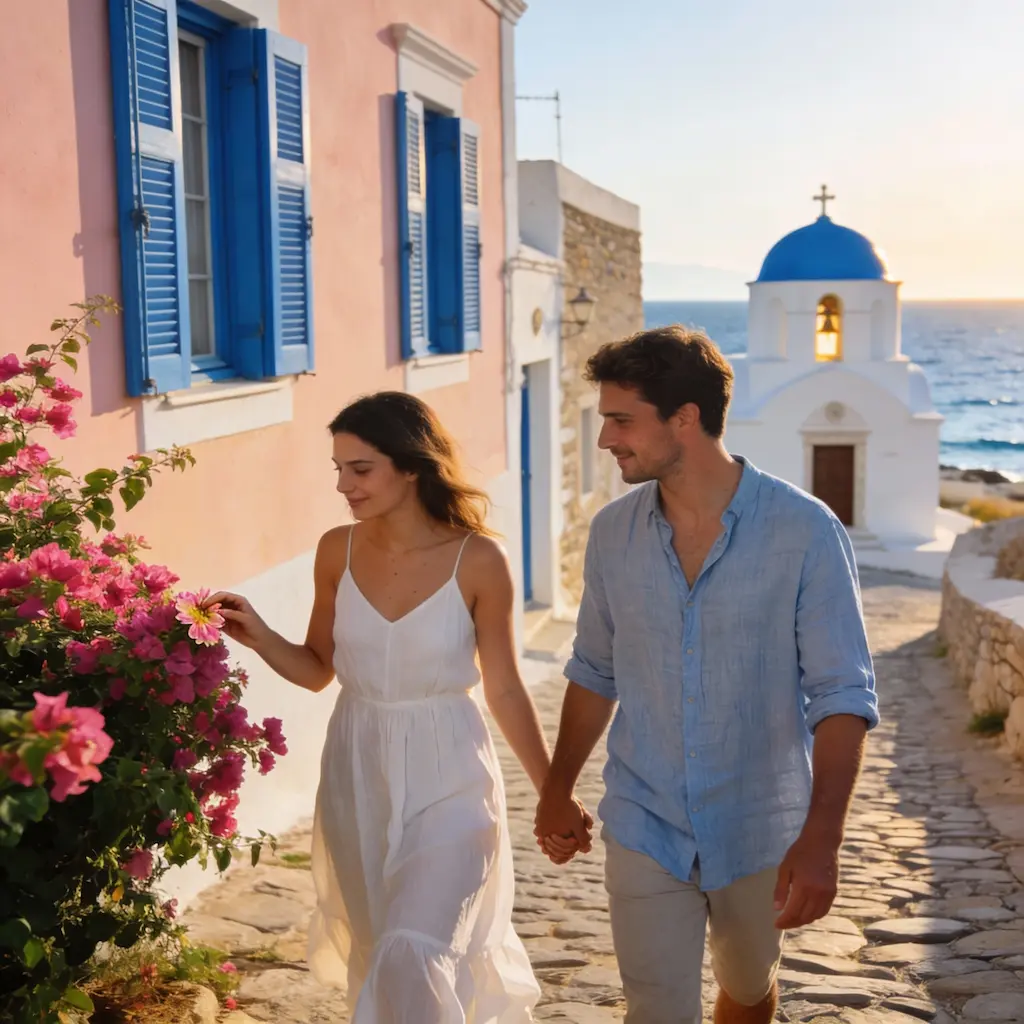 young couple posing with a blue church dome in the background