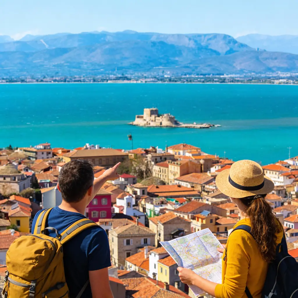 Couple looking at the map and in the background they see Palamidi in Nafplio