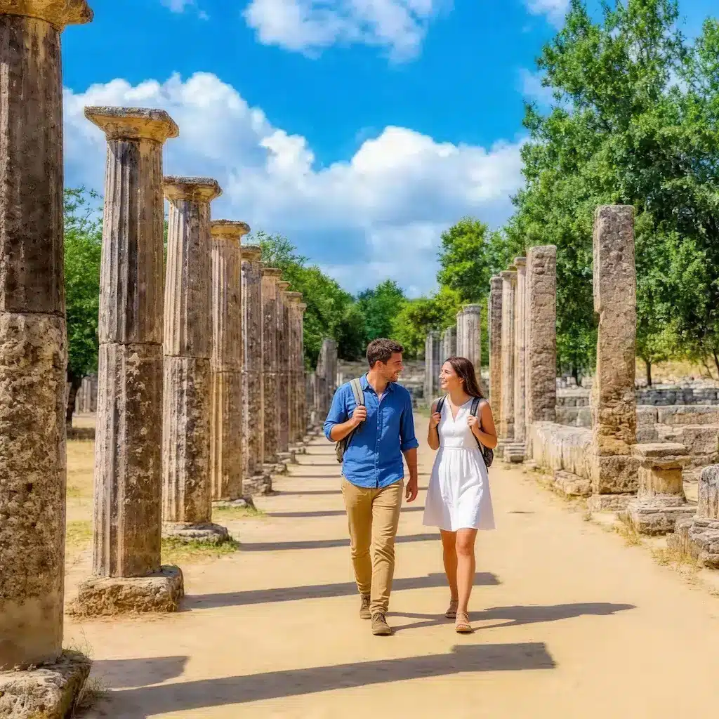 Couple walking in Olympia Archaeological site