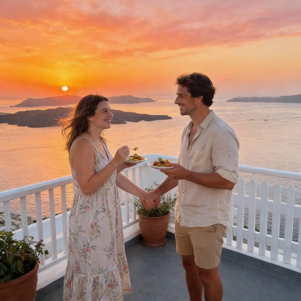 couple on a wine tasting tour in Santorini in the sunset