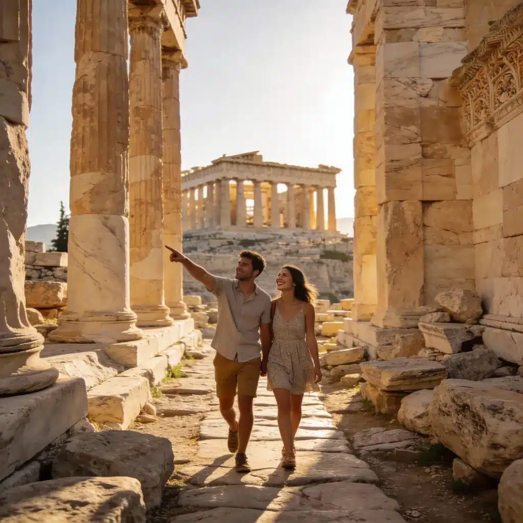 couple on a tour at the Acropolis of Athens