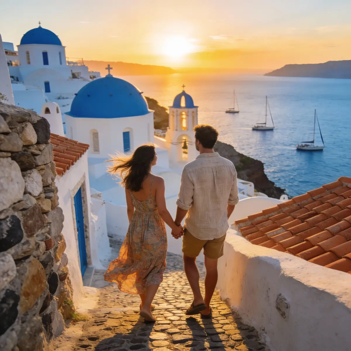 Couple taking a stroll in Santorini