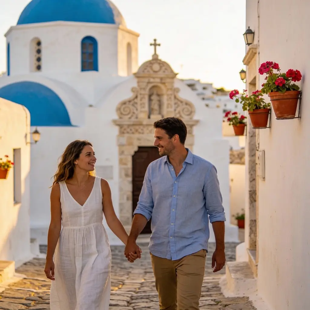 young couple walking in small streets of Tinos, Greece