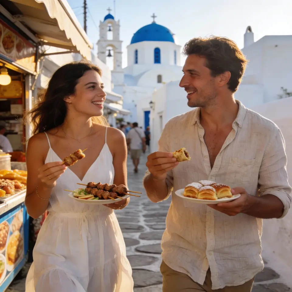 couple of a food tour in Mykonos