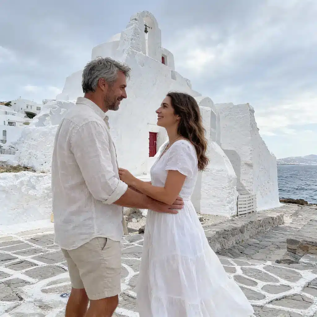 couple posing against the Holy Church of Panagia Paraportiani in Mykonos