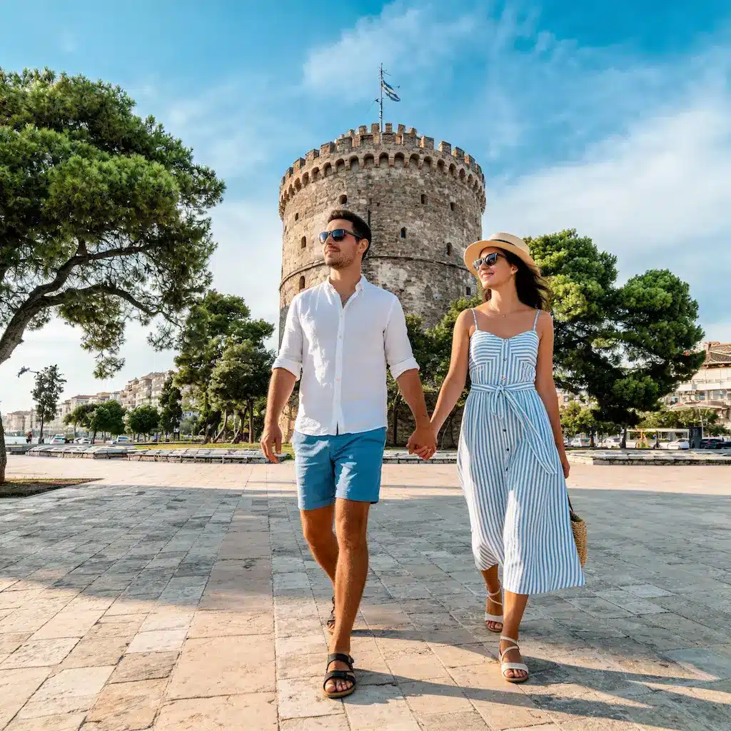 Couple walking in Thessaloniki with White Tower in the background