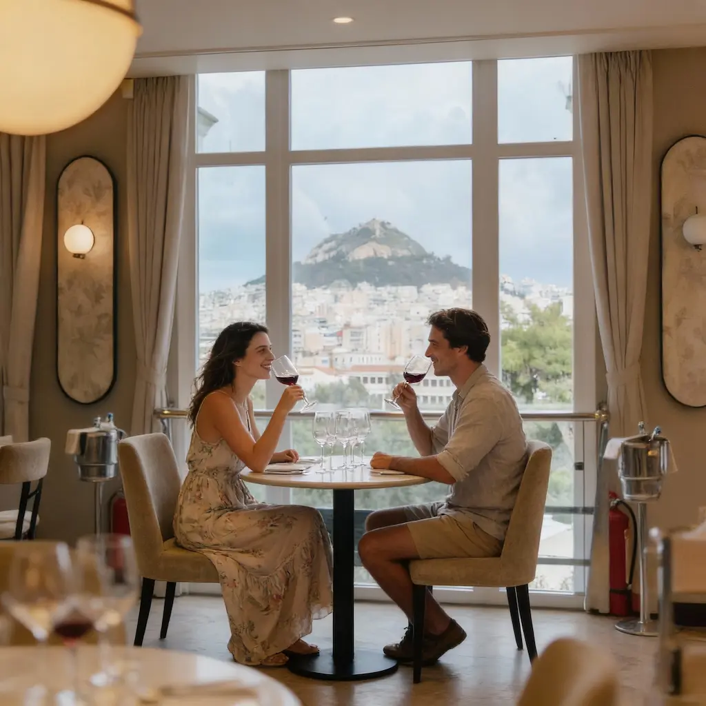 couple tasting wine with Acropolis view in the background