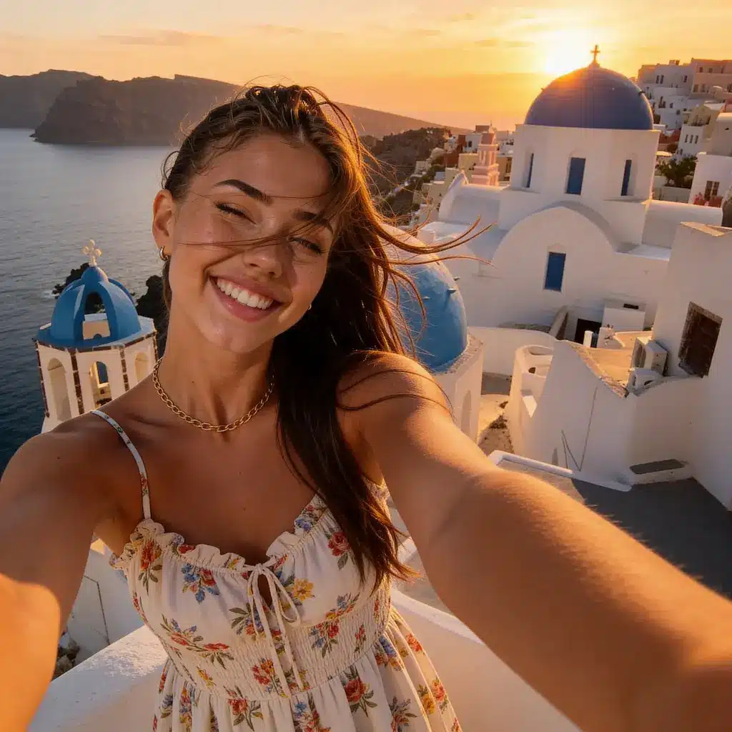 Alessia in Santorini during sunrise
