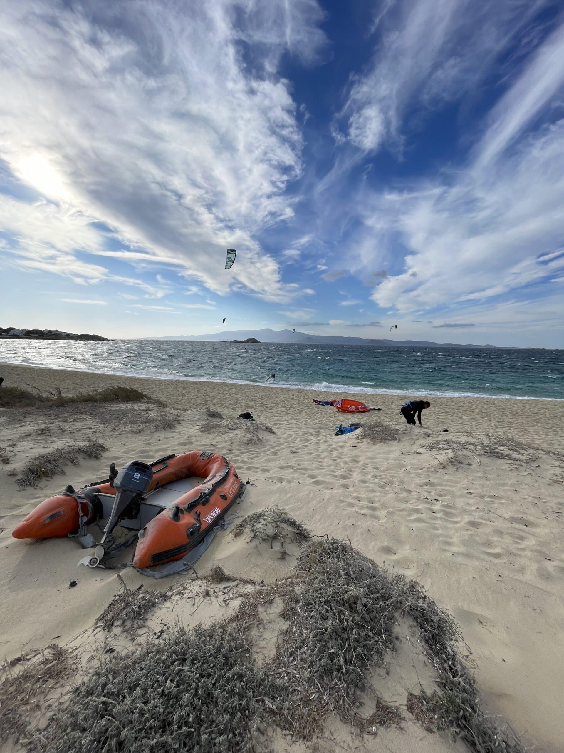 Naxos beach with kite surfers in the background