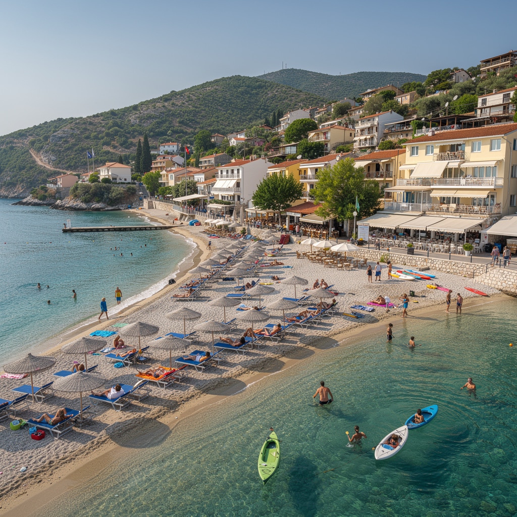 Parga beach with clear turquoise water, people under umbrellas, kayaks, and Mediterranean buildings on a hillside.