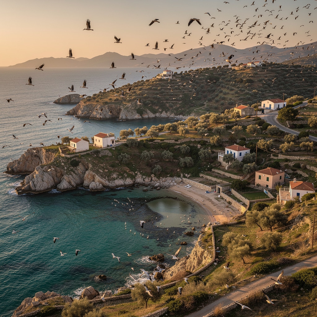 Seabirds flying over a serene Mediterranean coastal village with red-roofed houses, rocky cliffs, and blue sea.