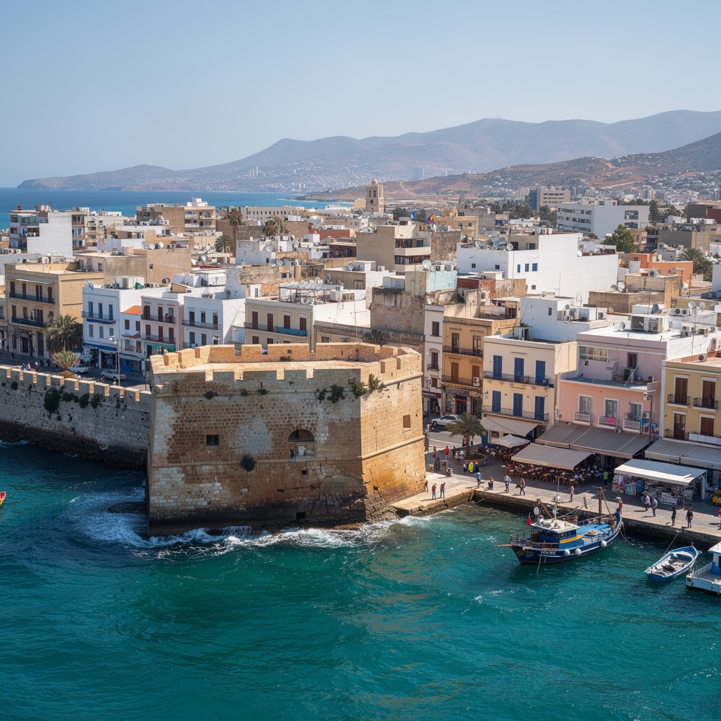Historic stone fort overlooking a colorful Mediterranean harbor with boats, surrounded by charming buildings and distant mountains.