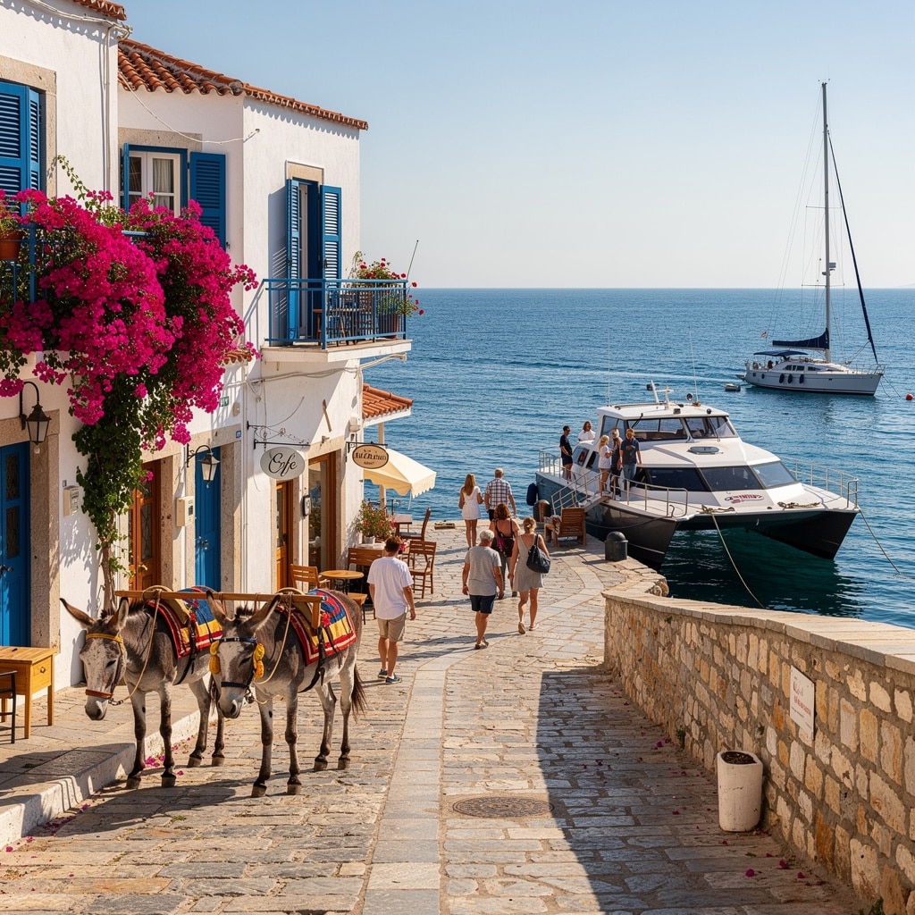 Mediterranean coastal village with donkeys, white buildings, blue shutters, a seaside café, and boats.