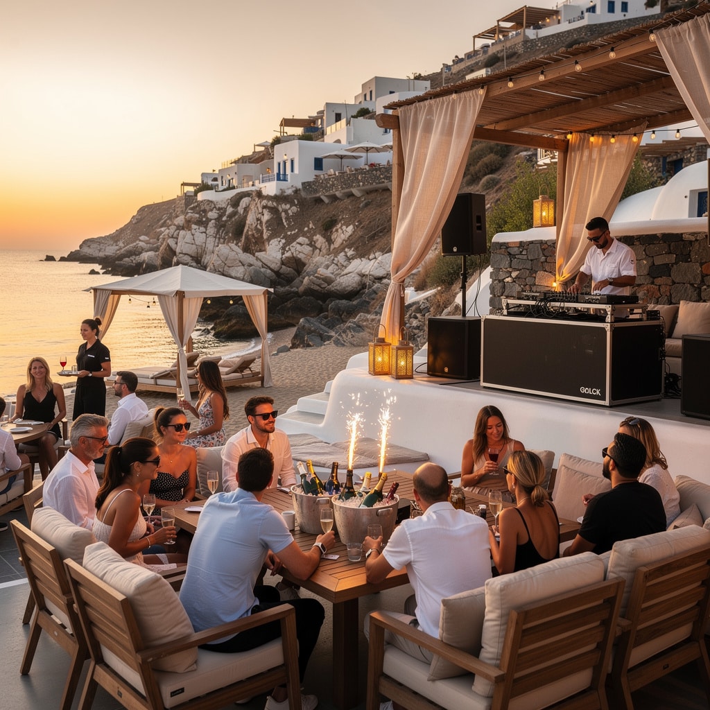 People enjoying sunset drinks with a DJ and sparklers at a vibrant beachside restaurant on a Greek island cliff.