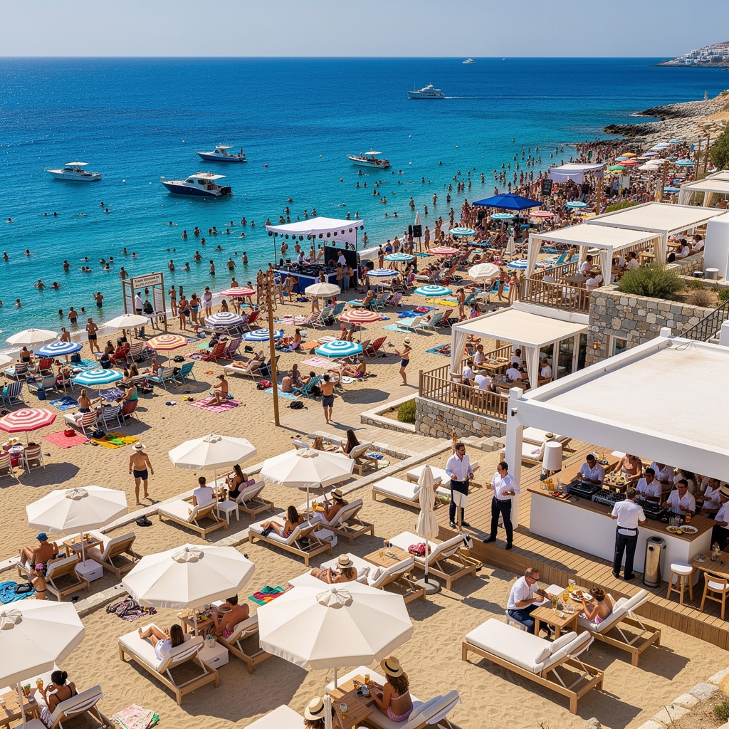A vibrant, crowded beach with colorful umbrellas, lounge chairs, boats in clear blue water, and a lively bar area.
