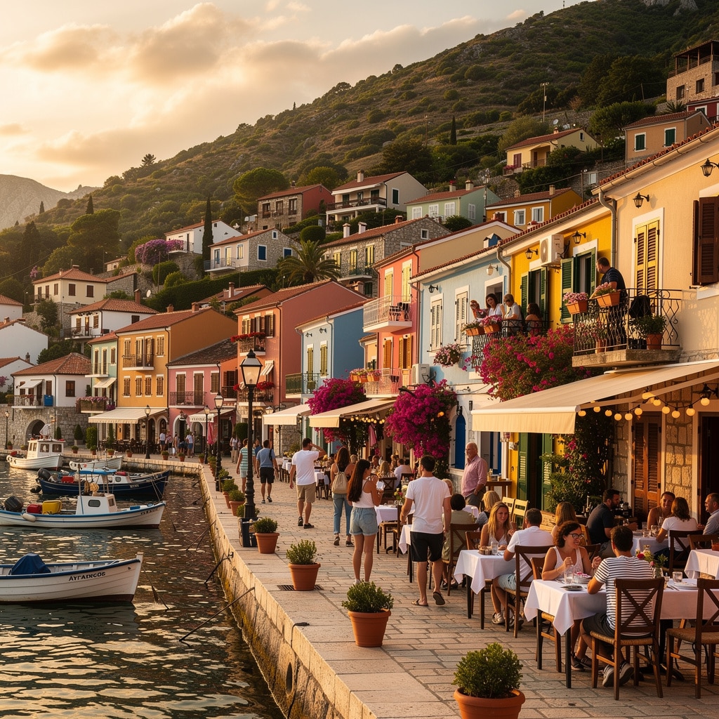 Parga, Greece coastal town with colorful buildings, boats, people at waterfront cafes, and green hills at sunset.