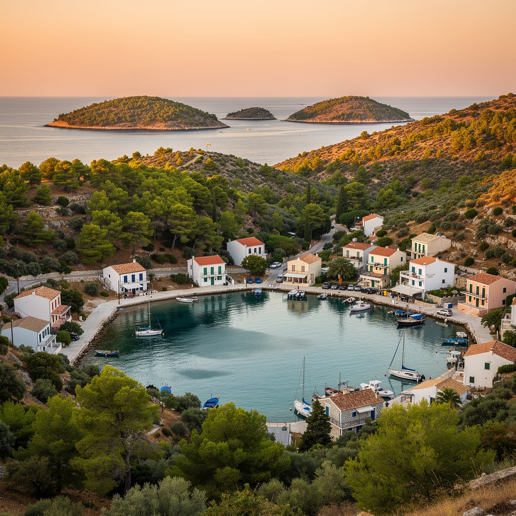 Picturesque coastal village with Mediterranean houses, serene harbor, boats, and green hills under a vibrant sunset.