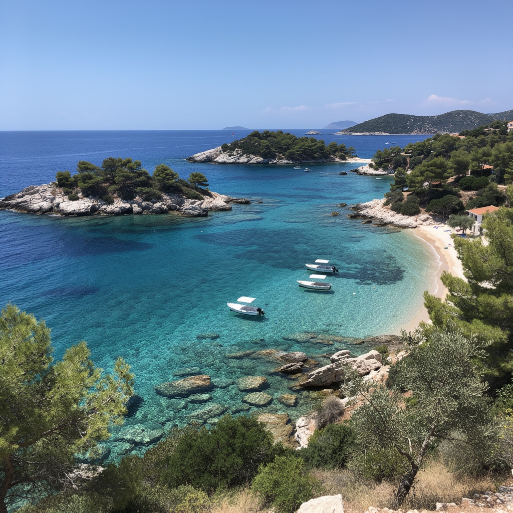 Serene Mediterranean coastal scene: clear blue waters, sandy beach, small boats, rocky islands, and pine trees.