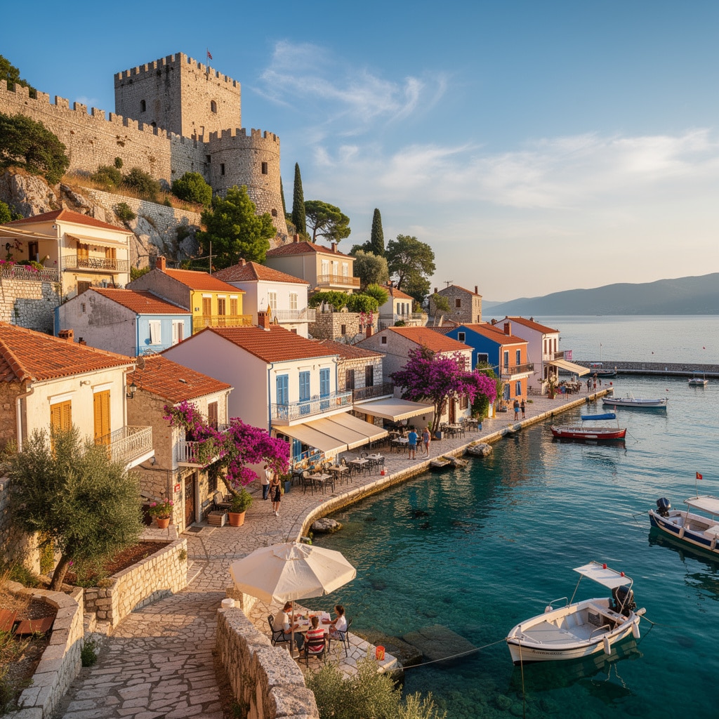 Medieval castle overlooking a colorful coastal town with boats in the blue sea, outdoor dining, and a sunny day.