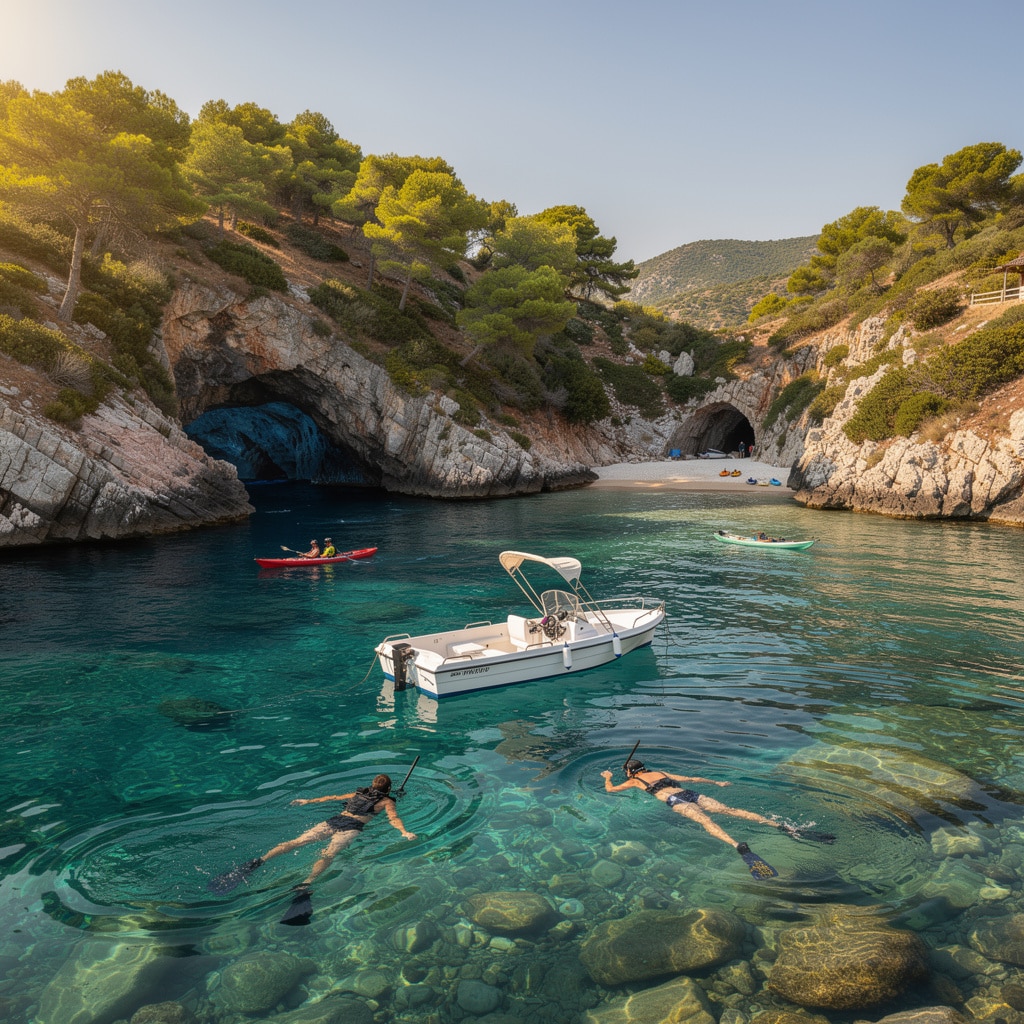 Snorkelers explore clear turquoise waters in a secluded bay with a motorboat, red kayak, rocky cliffs, and a cave beach.