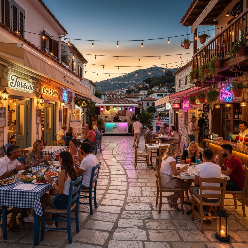 Vibrant outdoor dining scene at night with diners, string lights, neon restaurant signs, and a mountain backdrop.