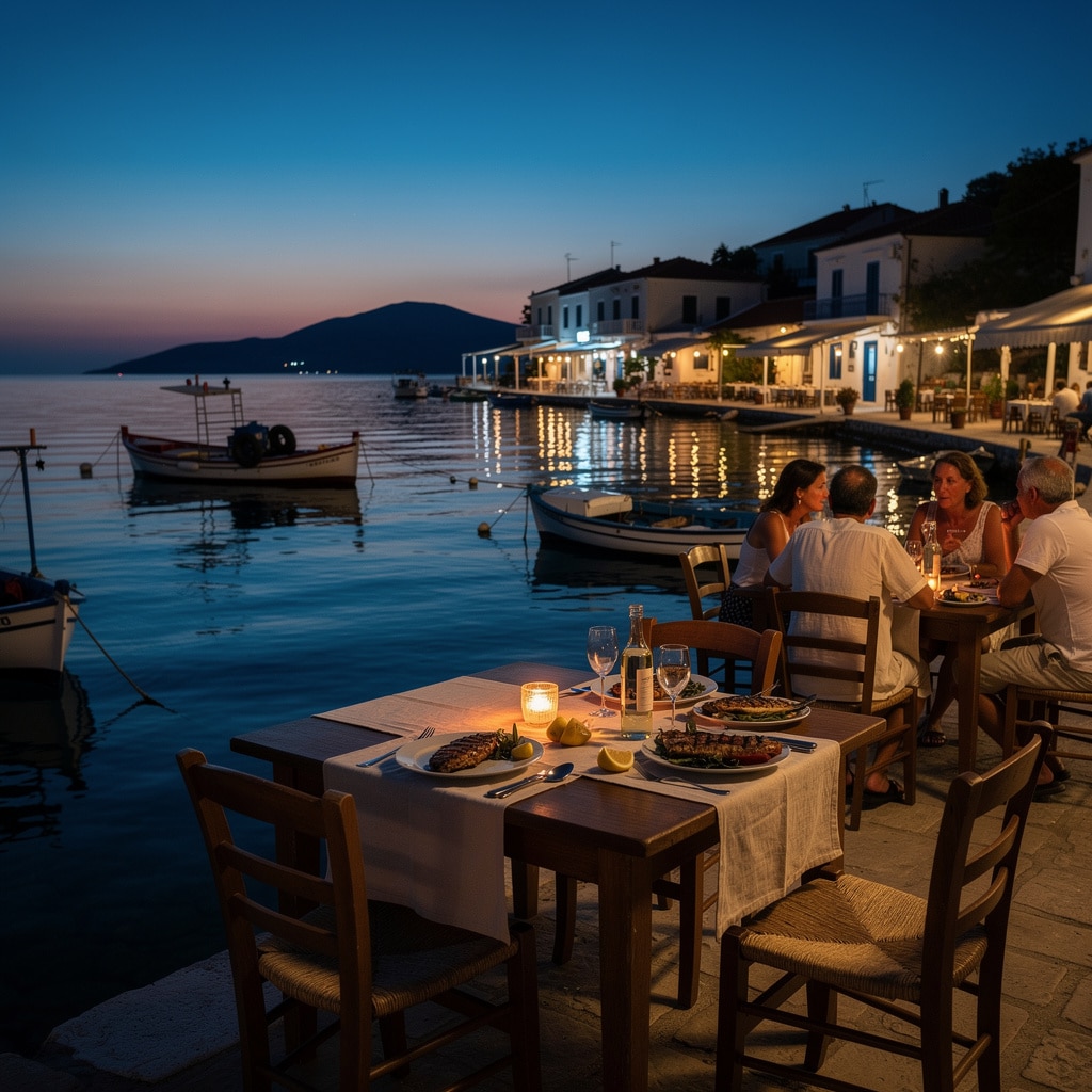 Waterfront restaurant at twilight with people dining by candlelight, boats in the calm sea, illuminated buildings, and a mountain.