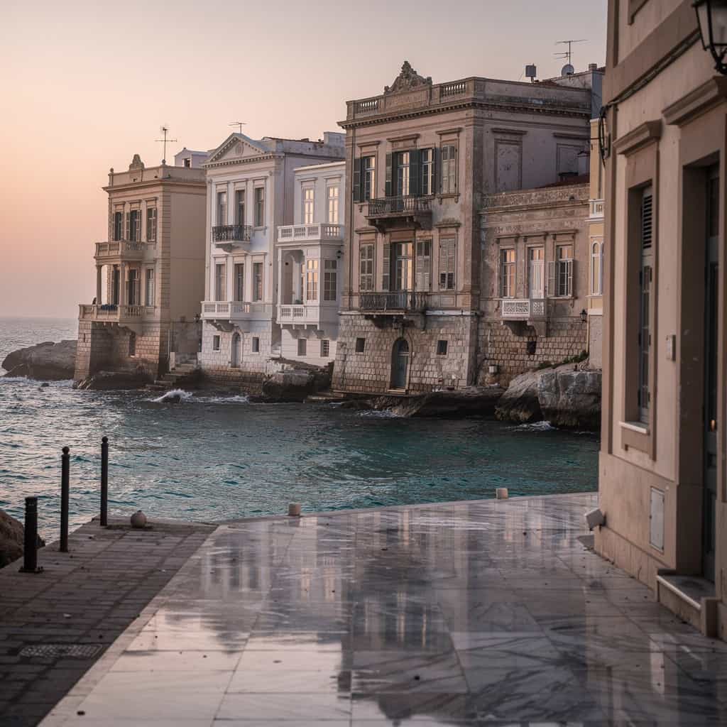 Elegant coastal buildings at sunset with a marble pathway leading to the sea.