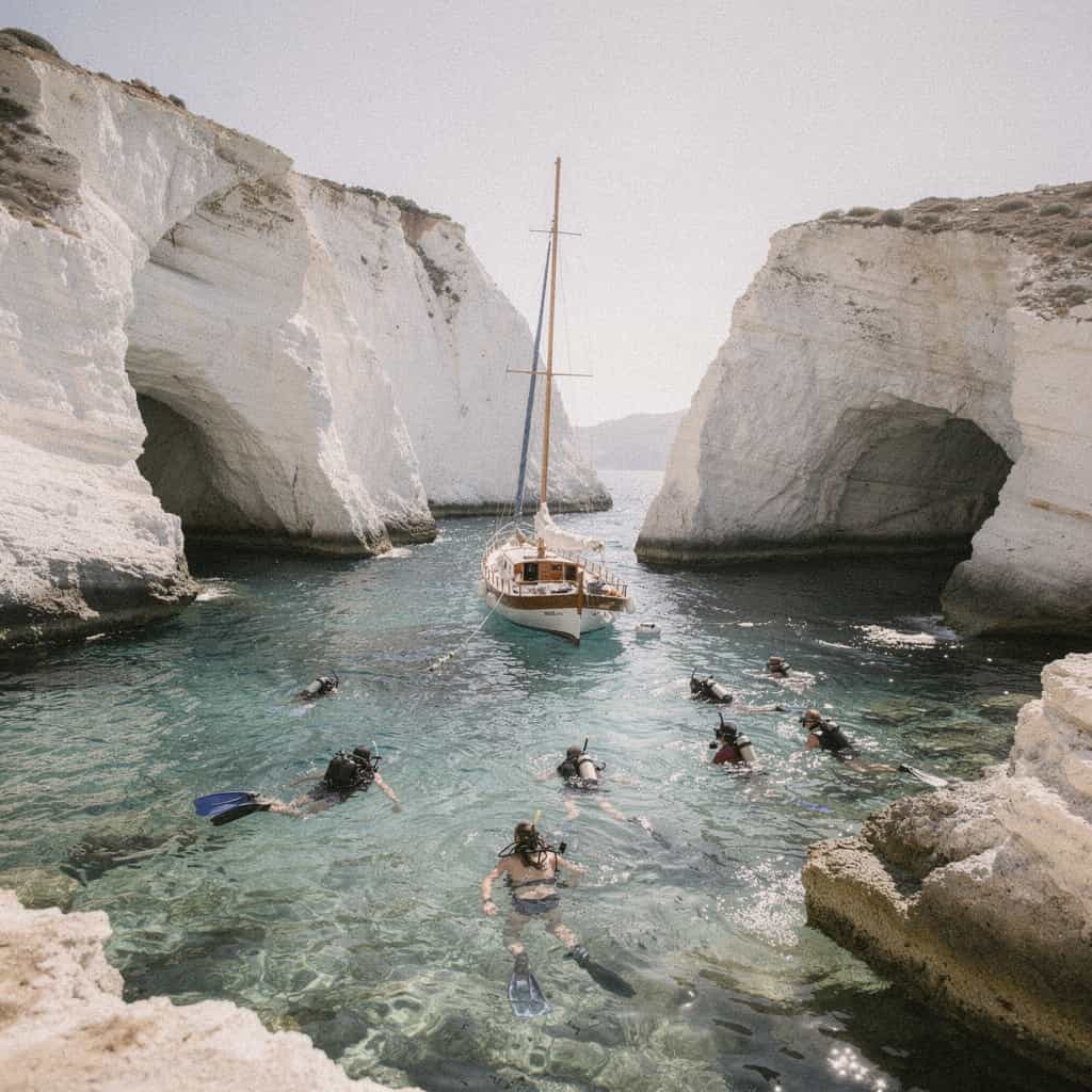 Scuba divers and sailboat in clear turquoise water, framed by white cliffs with natural arches.