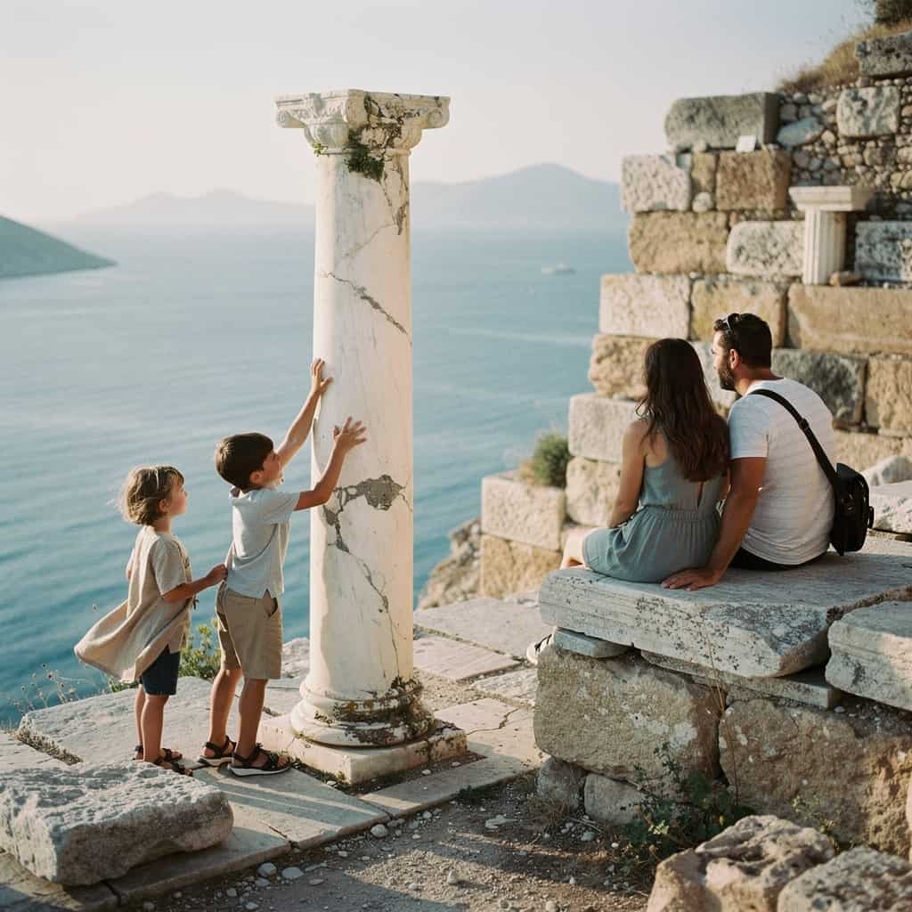 Family of four sitting on ancient stone steps by a marble column, overlooking serene water, mountains, and a distant boat.
