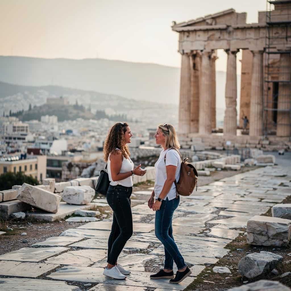 Two women standing in front of the Parthenon in Athens, Greece, with ancient temple and cityscape.