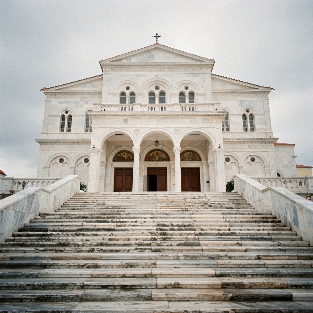 Grand white stone church featuring classical architecture, a symmetrical facade, prominent cross, and wide marble staircase.