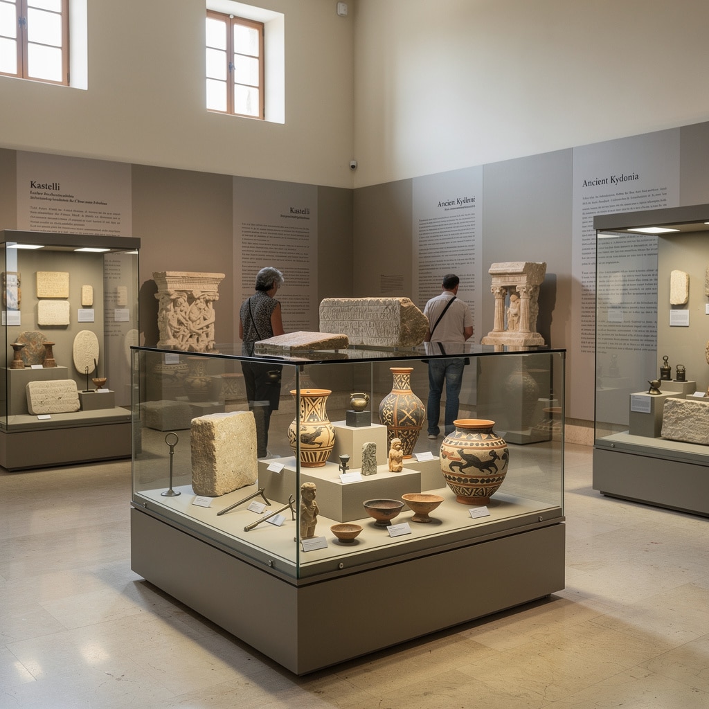 Museum exhibit displaying ancient pottery, stone carvings, and inscribed tablets from Kastelli and Ancient Kydonia in glass cases.