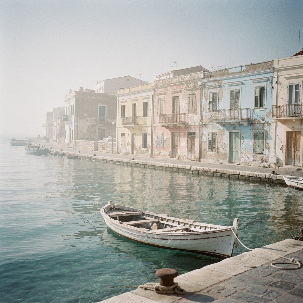 Mediterranean coastal town with pastel-colored buildings, small white boat, calm clear water, and stone dock.