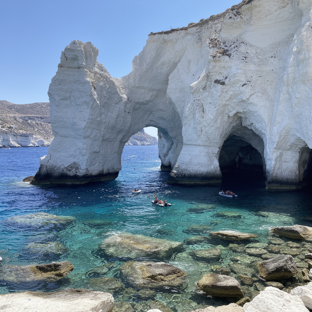 Navagio Beach, Greece - stunning white cliffs forming a natural arch over crystal-clear blue waters, with small boats and people enjoying the sunny day.