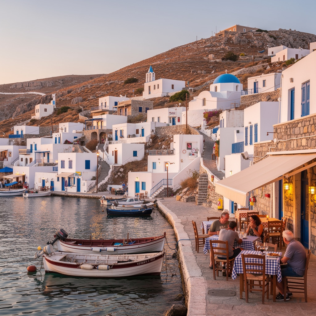 A picturesque coastal village in Greece with white buildings and blue domes, boats docked in the harbor, and people dining al fresco during sunset.