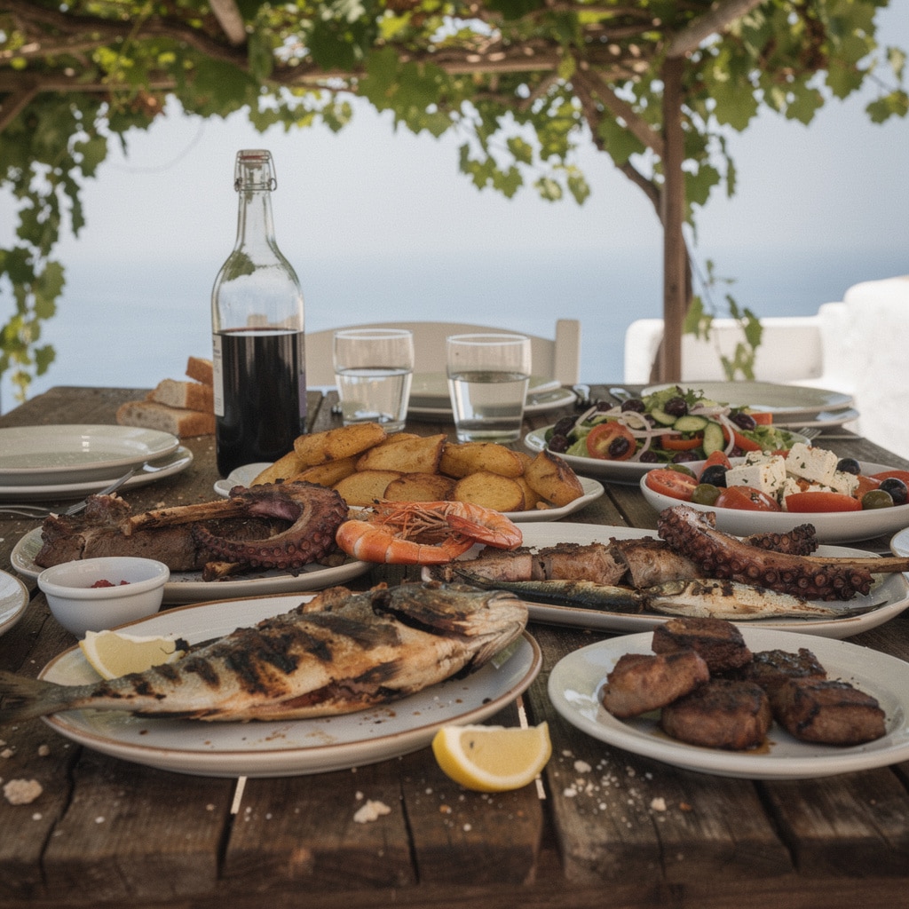 Outdoor seafood feast on a rustic table: grilled fish, octopus, shrimp, fresh salad, red wine, under a vine pergola.